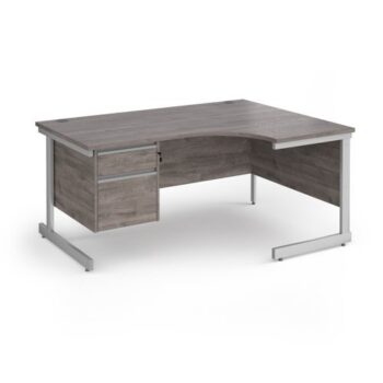 Contract 25 right hand ergonomic desk with 2 drawer pedestal and silver cantilever leg 1600mm - Grey Oak Top - CC16ER2-S-GO