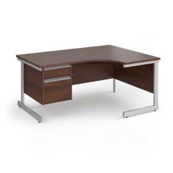 Contract 25 right hand ergonomic desk with 2 drawer pedestal and silver cantilever leg 1600mm - Walnut top - CC16ER2-S-W
