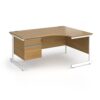 Contract 25 right hand ergonomic desk with 2 drawer pedestal and white cantilever leg 1600mm - Oak Top - CC16ER2-WH-O