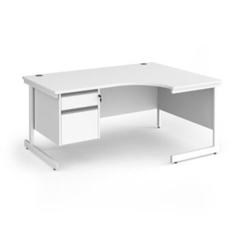 Contract 25 right hand ergonomic desk with 2 drawer pedestal and white cantilever leg 1600mm - White Top - CC16ER2-WH-WH