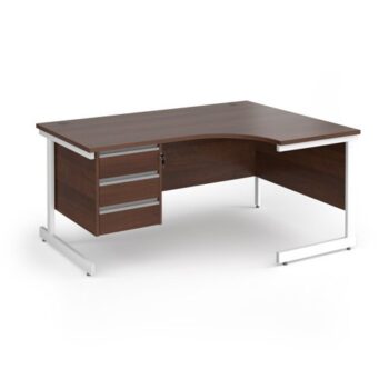 Contract 25 right hand ergonomic desk with 3 drawer pedestal and white cantilever leg 1600mm - Walnut top - CC16ER3-WH-W