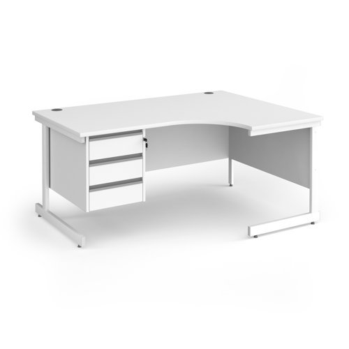 Contract 25 right hand ergonomic desk with 3 drawer pedestal and white cantilever leg 1600mm - White Top - CC16ER3-WH-WH