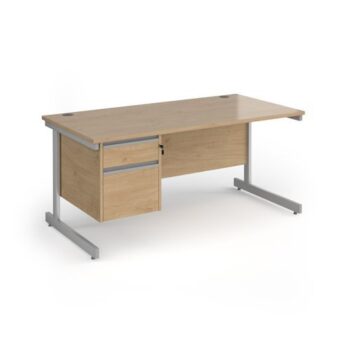 Contract 25 straight desk with 2 drawer pedestal and silver cantilever leg 1600mm x 800mm - Kendal Oak Top - CC16S2-S-KO