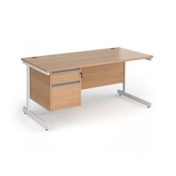 Contract 25 straight desk with 2 drawer pedestal and white cantilever leg 1600mm x 800mm - Beech top - CC16S2-WH-B