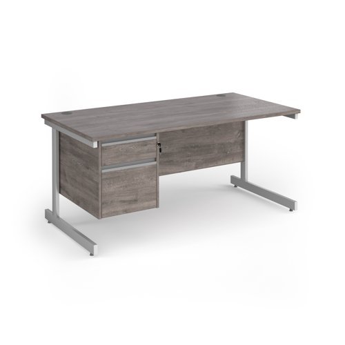 Contract 25 straight desk with 2 drawer pedestal and white cantilever leg 1600mm x 800mm - Grey Oak Top - CC16S2-WH-GO