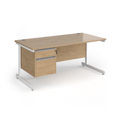 Contract 25 straight desk with 2 drawer pedestal and white cantilever leg 1600mm x 800mm - Kendal Oak Top - CC16S2-WH-KO