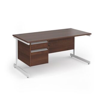 Contract 25 straight desk with 2 drawer pedestal and white cantilever leg 1600mm x 800mm - Walnut top - CC16S2-WH-W