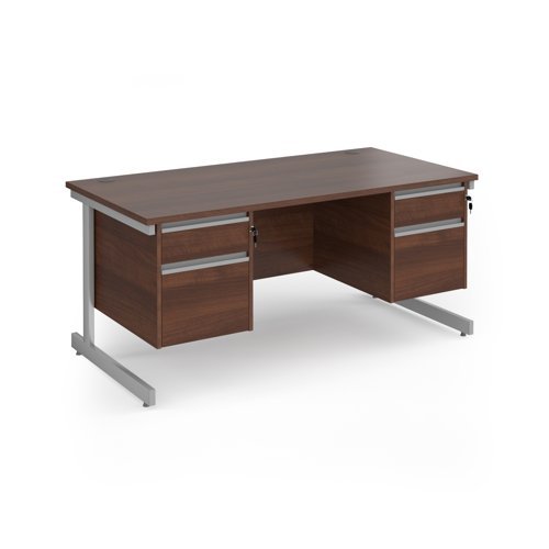 Contract 25 straight desk with 2 and 2 drawer pedestals and silver cantilever leg 1600mm x 800mm - Walnut top - CC16S22-S-W