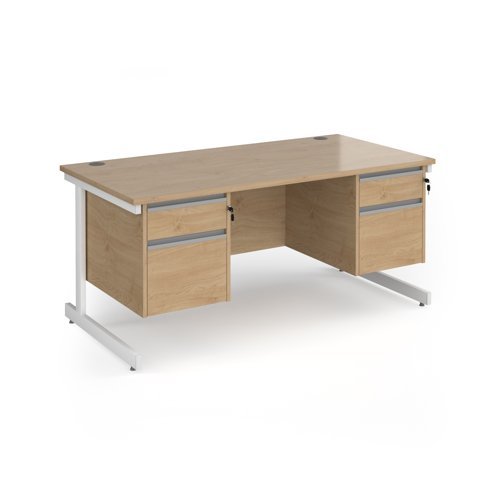 Contract 25 straight desk with 2 and 2 drawer pedestals and white cantilever leg 1600mm x 800mm - Kendal Oak Top - CC16S22-WH-KO