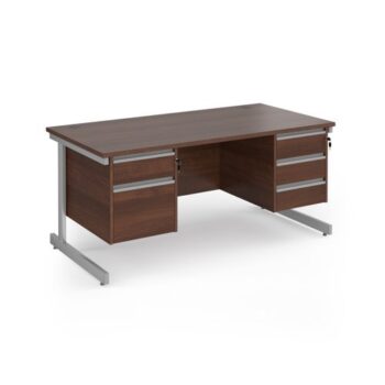 Contract 25 straight desk with 2 and 3 drawer pedestals and silver cantilever leg 1600mm x 800mm - Walnut top - CC16S23-S-W
