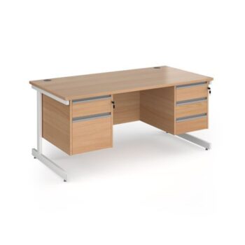 Contract 25 straight desk with 2 and 3 drawer pedestals and white cantilever leg 1600mm x 800mm - Beech top - CC16S23-WH-B