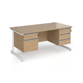 Contract 25 straight desk with 2 and 3 drawer pedestals and white cantilever leg 1600mm x 800mm - Kendal Oak Top - CC16S23-WH-KO
