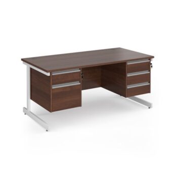 Contract 25 straight desk with 2 and 3 drawer pedestals and white cantilever leg 1600mm x 800mm - Walnut top - CC16S23-WH-W