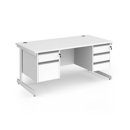 Contract 25 straight desk with 2 and 3 drawer pedestals and white cantilever leg 1600mm x 800mm - White Top - CC16S23-WH-WH