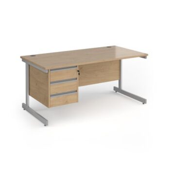 Contract 25 straight desk with 3 drawer pedestal and silver cantilever leg 1600mm x 800mm - Kendal Oak Top - CC16S3-S-KO