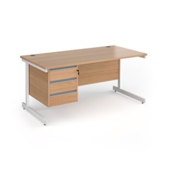 Contract 25 straight desk with 3 drawer pedestal and white cantilever leg 1600mm x 800mm - Beech top - CC16S3-WH-B