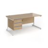 Contract 25 straight desk with 3 drawer pedestal and white cantilever leg 1600mm x 800mm - Kendal Oak Top - CC16S3-WH-KO