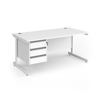 Contract 25 straight desk with 3 drawer pedestal and white cantilever leg 1600mm x 800mm - White Top - CC16S3-WH-WH