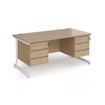 Contract 25 straight desk with 3 and 3 drawer pedestals and white cantilever leg 1600mm x 800mm - Kendal Oak Top - CC16S33-WH-KO