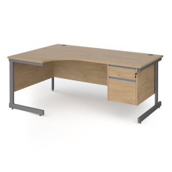 Contract 25 left hand ergonomic desk with 2 drawer pedestal and graphite cantilever leg 1800mm - Kendal Oak Top - CC18EL2-G-KO