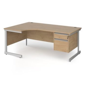 Contract 25 left hand ergonomic desk with 2 drawer pedestal and silver cantilever leg 1800mm - Kendal Oak Top - CC18EL2-S-KO