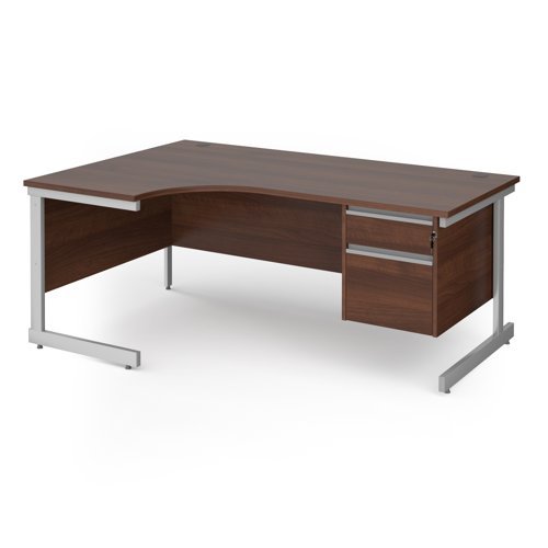 Contract 25 left hand ergonomic desk with 2 drawer pedestal and silver cantilever leg 1800mm - Walnut top - CC18EL2-S-W