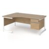 Contract 25 left hand ergonomic desk with 2 drawer pedestal and white cantilever leg 1800mm - Kendal Oak Top - CC18EL2-WH-KO