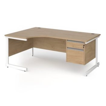 Contract 25 left hand ergonomic desk with 2 drawer pedestal and white cantilever leg 1800mm - Kendal Oak Top - CC18EL2-WH-KO