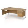 Contract 25 left hand ergonomic desk with 2 drawer pedestal and white cantilever leg 1800mm - Oak Top - CC18EL2-WH-O