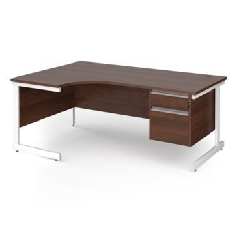 Contract 25 left hand ergonomic desk with 2 drawer pedestal and white cantilever leg 1800mm - Walnut top - CC18EL2-WH-W