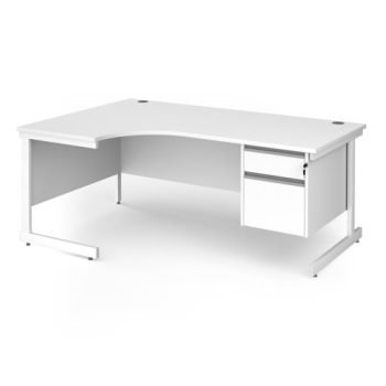 Contract 25 left hand ergonomic desk with 2 drawer pedestal and white cantilever leg 1800mm - White Top - CC18EL2-WH-WH