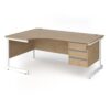 Contract 25 left hand ergonomic desk with 3 drawer pedestal and white cantilever leg 1800mm - Kendal Oak Top - CC18EL3-WH-KO