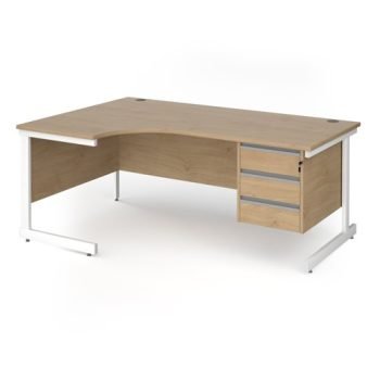 Contract 25 left hand ergonomic desk with 3 drawer pedestal and white cantilever leg 1800mm - Kendal Oak Top - CC18EL3-WH-KO