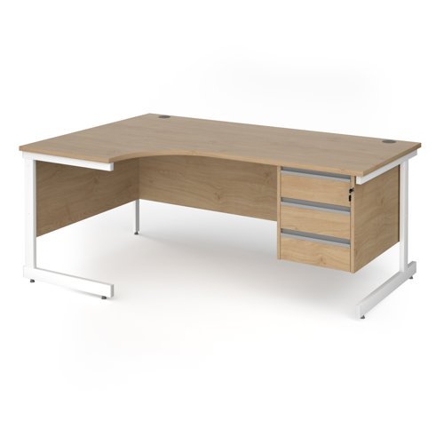 Contract 25 left hand ergonomic desk with 3 drawer pedestal and white cantilever leg 1800mm - Kendal Oak Top - CC18EL3-WH-KO