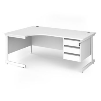 Contract 25 left hand ergonomic desk with 3 drawer pedestal and white cantilever leg 1800mm - White Top - CC18EL3-WH-WH
