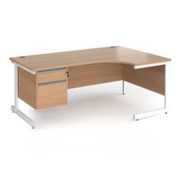 Contract 25 right hand ergonomic desk with 2 drawer pedestal and white cantilever leg 1800mm - Beech top - CC18ER2-WH-B