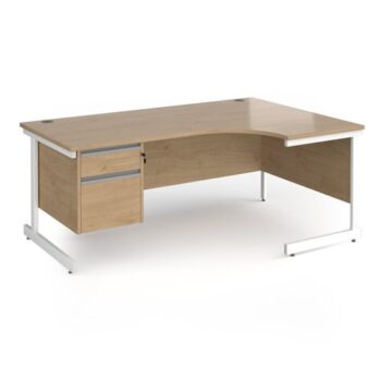 Contract 25 right hand ergonomic desk with 2 drawer pedestal and white cantilever leg 1800mm - Kendal Oak Top - CC18ER2-WH-KO