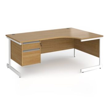 Contract 25 right hand ergonomic desk with 2 drawer pedestal and white cantilever leg 1800mm - Oak Top - CC18ER2-WH-O