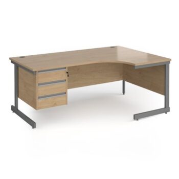Contract 25 right hand ergonomic desk with 3 drawer pedestal and graphite cantilever leg 1800mm - Kendal Oak Top - CC18ER3-G-KO