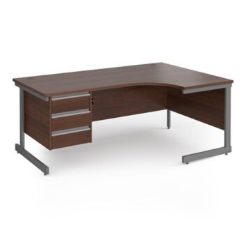 Contract 25 right hand ergonomic desk with 3 drawer pedestal and graphite cantilever leg 1800mm - Walnut top - CC18ER3-G-W