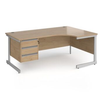 Contract 25 right hand ergonomic desk with 3 drawer pedestal and silver cantilever leg 1800mm - Kendal Oak Top - CC18ER3-S-KO