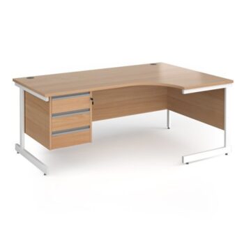Contract 25 right hand ergonomic desk with 3 drawer pedestal and white cantilever leg 1800mm - Beech top - CC18ER3-WH-B