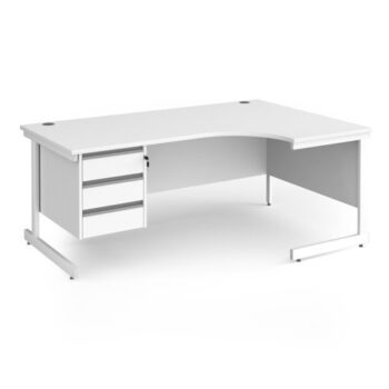 Contract 25 right hand ergonomic desk with 3 drawer pedestal and white cantilever leg 1800mm - White Top - CC18ER3-WH-WH