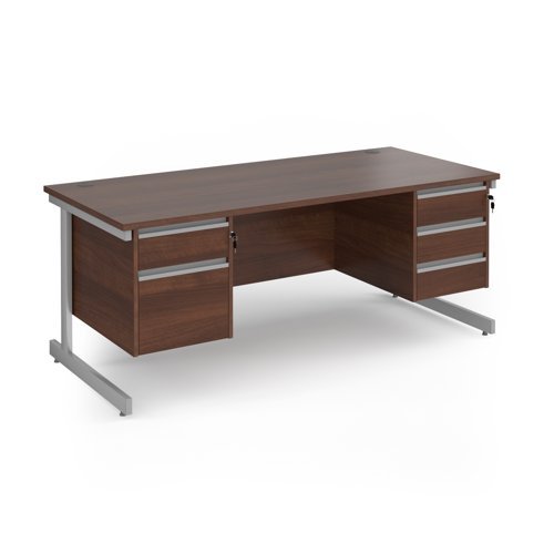 Contract 25 straight desk with 2 and 3 drawer pedestals and silver cantilever leg 1800mm x 800mm - Walnut top - CC18S23-S-W