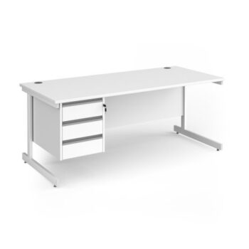Contract 25 straight desk with 3 drawer pedestal and white cantilever leg 1800mm x 800mm - White Top - CC18S3-WH-WH