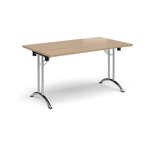 Rectangular folding leg table with chrome legs and curved foot rails 1400mm x 800mm - Kendal Oak - CFL1400-C-KO