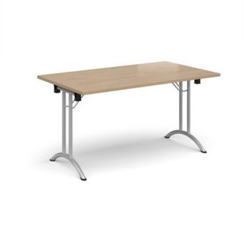 Rectangular folding leg table with silver legs and curved foot rails 1400mm x 800mm - Kendal Oak - CFL1400-S-KO