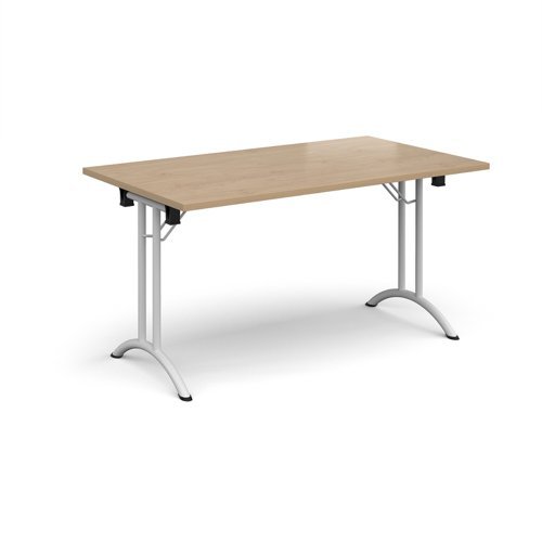 Rectangular folding leg table with white legs and curved foot rails 1400mm x 800mm - Kendal Oak - CFL1400-WH-KO