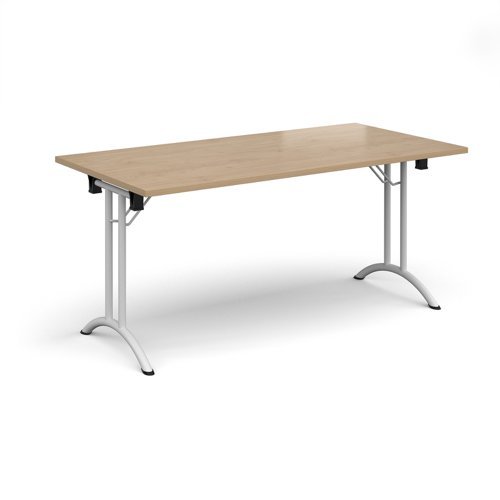 Rectangular folding leg table with white legs and curved foot rails 1600mm x 800mm - Kendal Oak - CFL1600-WH-KO