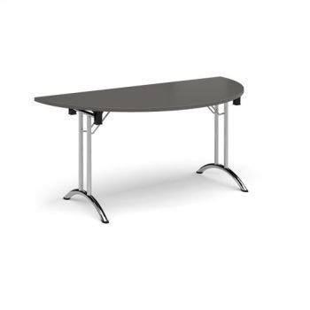 Semi circular folding leg table with chrome legs and curved foot rails 1600mm x 800mm - Onyx Grey - CFL1600S-C-OG